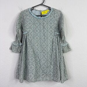 Roller Rabbit Dress Girl 2 Blue Geometric Long Sleeve Boho Prairie Cottagecore